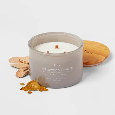 14oz Lidded Gray Glass Jar Crackling Wooden 3-Wick Candle With Clear Label Applewood + Amber - Threshold™ 2 14oz Lidded Gray Glass Jar Crackling Wooden 3-Wick Candle With Clear Label Applewood + Amber - Threshold™ - Image 2