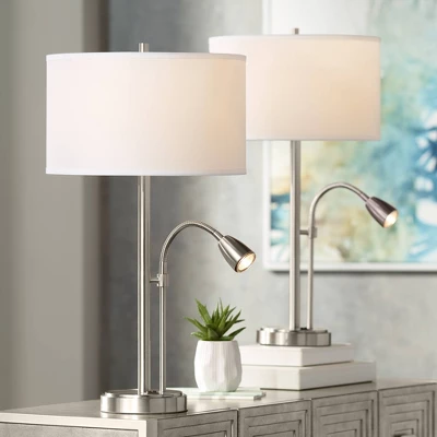 Possini Euro Design Traverse Modern Table Lamps Set Of 2 29 1/2" Tall Brushed Nickel With USB Charging Port LED Gooseneck White Drum Shade For Desk 7 Possini Euro Design Traverse Modern Table Lamps Set Of 2 29 1/2" Tall Brushed Nickel With USB Charging Port LED Gooseneck White Drum Shade For Desk - Image 7