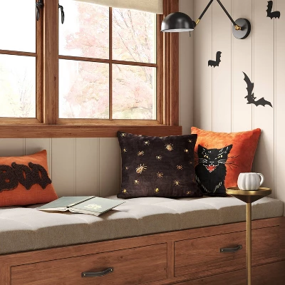 Fierce Cat Applique Cotton Velvet Square Halloween Throw Pillow - Threshold™ 1 Fierce Cat Applique Cotton Velvet Square Halloween Throw Pillow - Threshold™