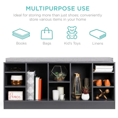 Best Choice Products 46in Shoe Storage Organization Rack Bench For Entryway, Bedroom W/ Padded Seat, 10 Cubbies - Gray 2 Best Choice Products 46in Shoe Storage Organization Rack Bench For Entryway, Bedroom W/ Padded Seat, 10 Cubbies - Gray - Image 2