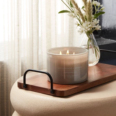 14oz Lidded Gray Glass Jar Crackling Wooden 3-Wick Candle With Clear Label Applewood + Amber - Threshold™ 1 14oz Lidded Gray Glass Jar Crackling Wooden 3-Wick Candle With Clear Label Applewood + Amber - Threshold™